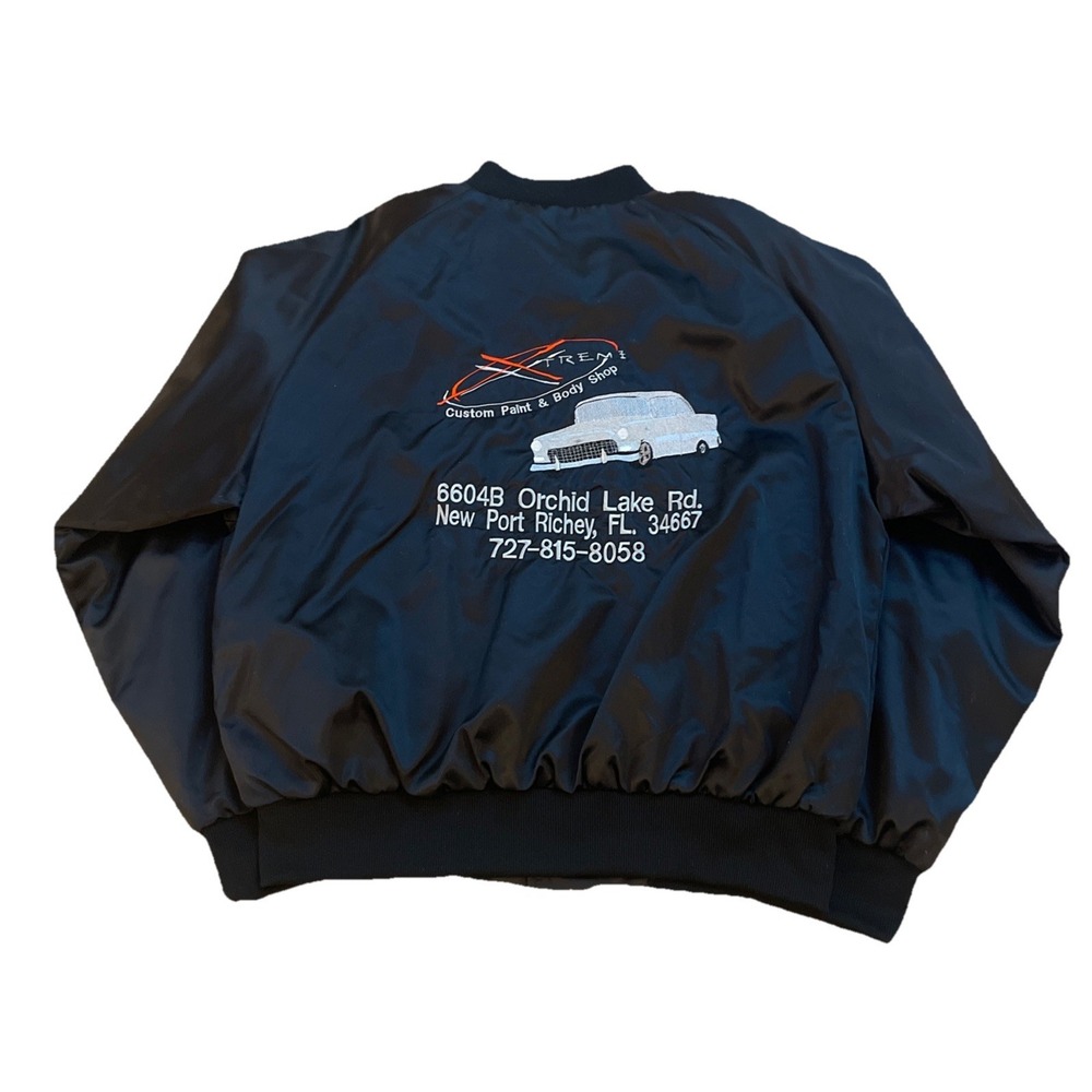 Vintage Satin Bomber Jacket Black Embroidered‎ Back Men's Sz Large USA